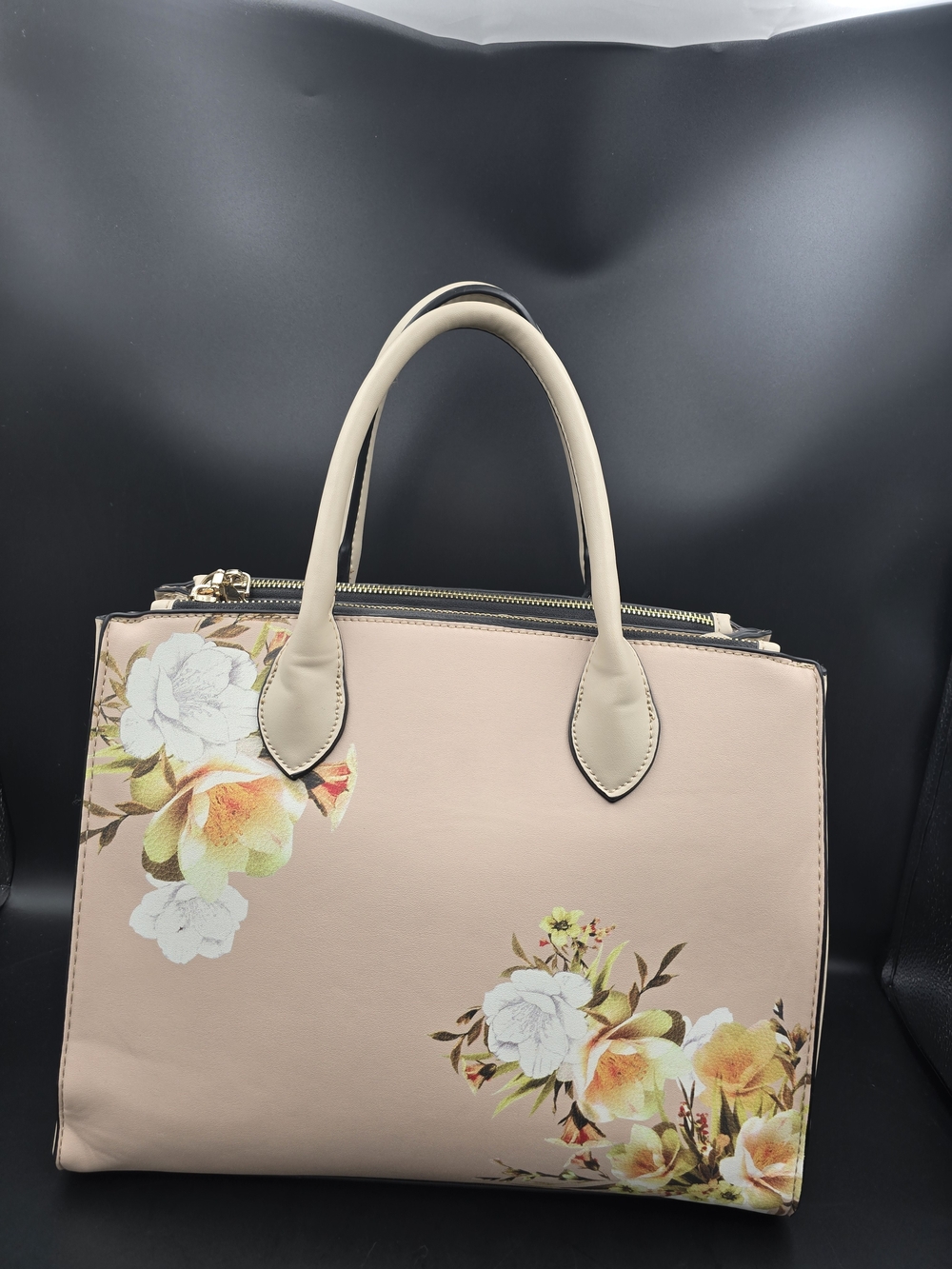 Elegant Beige-Pink Floral Satchel Handbag